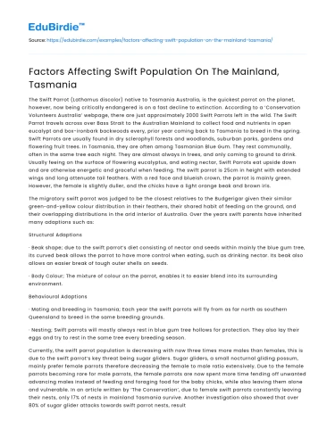 Factors Affecting Swift Population On The Mainland, Tasmania