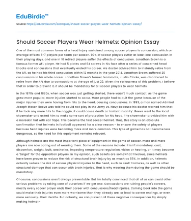 Should Soccer Players Wear Helmets: Opinion Essay