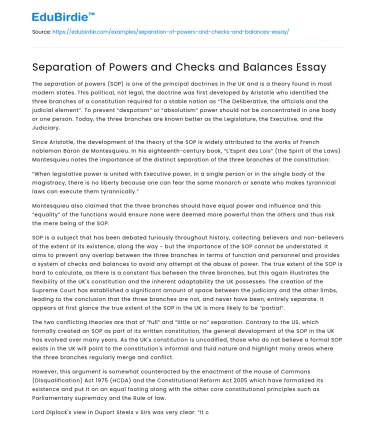 Separation of Powers and Checks and Balances Essay