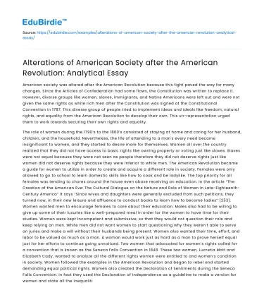 Changes in American Society Post-American Revolution: Analysis