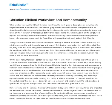 Christian Biblical Worldview And Homosexuality