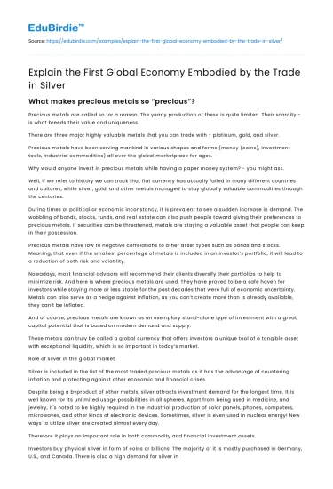 Explain the First Global Economy Embodied by the Trade in Silver