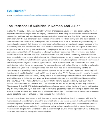 The Reasons Of Suicides In Romeo And Juliet