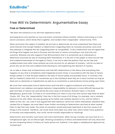 Free Will Vs Determinism: Argumentative Essay