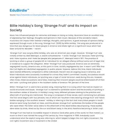 Billie Holiday’s Song ‘Strange Fruit’ and Its Impact on Society