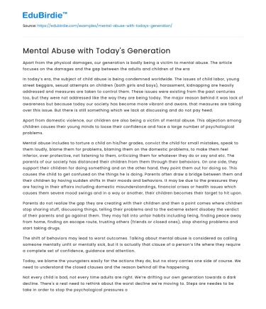 Mental Abuse with Today’s Generation