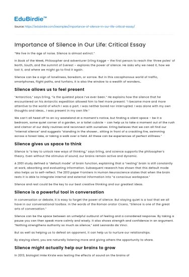 Importance of Silence in Our Life: Critical Essay