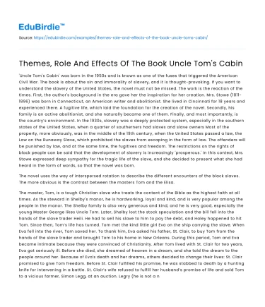Themes, Role And Effects Of The Book Uncle Tom’s Cabin