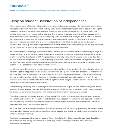 Essay on Student Declaration of Independence