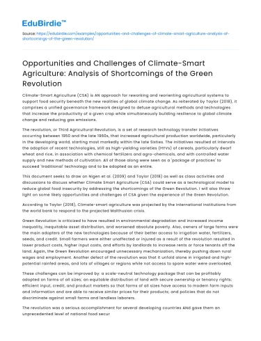 Challenges of Climate-Smart Agriculture: Green Revolution Shortcomings