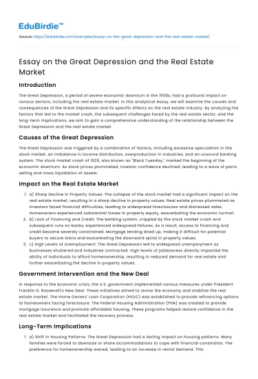 Essay on the Great Depression and the Real Estate Market