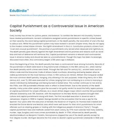Capital Punishment as a Controversial Issue in American Society