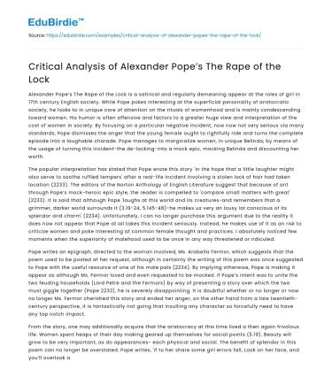 Critical Analysis of Alexander Pope’s The Rape of the Lock