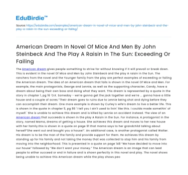 American Dream in Of Mice and Men and A Raisin in the Sun
