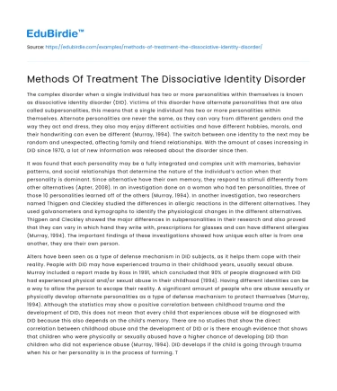 Methods Of Treatment The Dissociative Identity Disorder