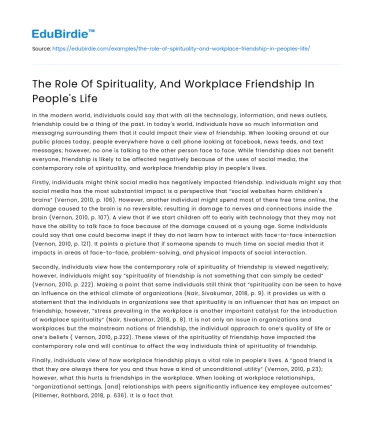 The Role Of Spirituality, And Workplace Friendship In People’s Life