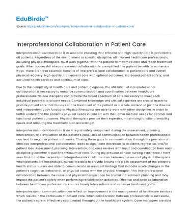 Interprofessional Collaboration In Patient Care