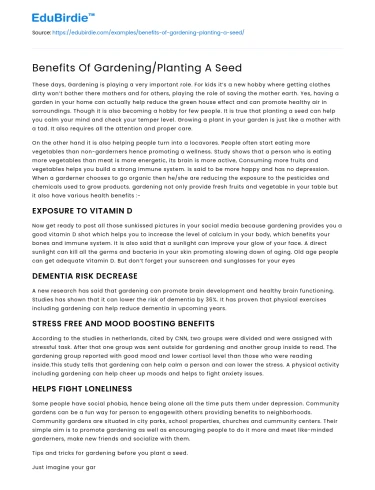 Benefits Of Gardening/Planting A Seed
