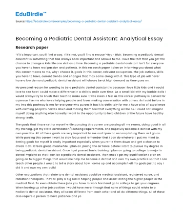 Becoming a Pediatric Dental Assistant: Analytical Essay