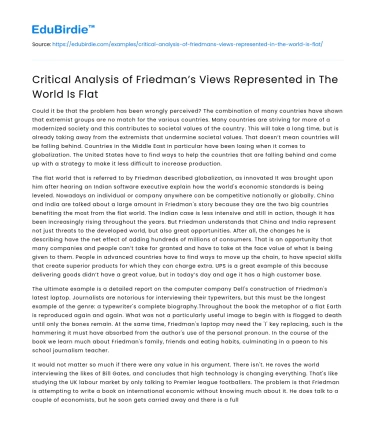 Critical Analysis of Friedman’s Views Represented in The World Is Flat