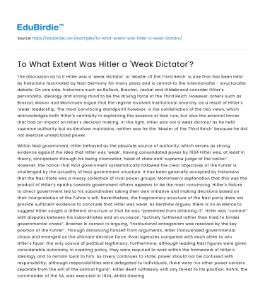 To What Extent Was Hitler a ‘Weak Dictator’?