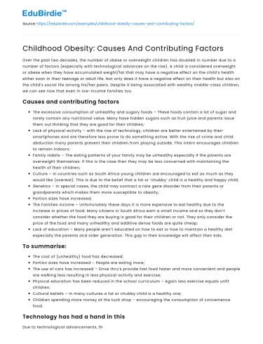 Childhood Obesity: Causes And Contributing Factors