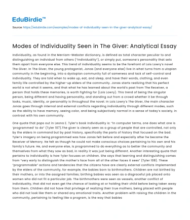 Modes of Individuality Seen in The Giver: Analytical Essay