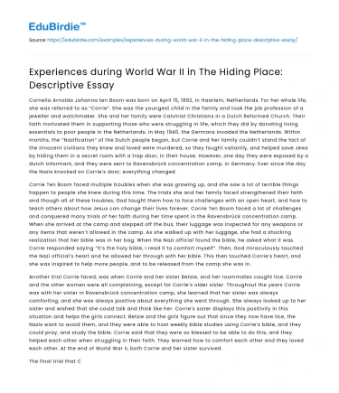 Experiences during World War II in The Hiding Place: Descriptive Essay