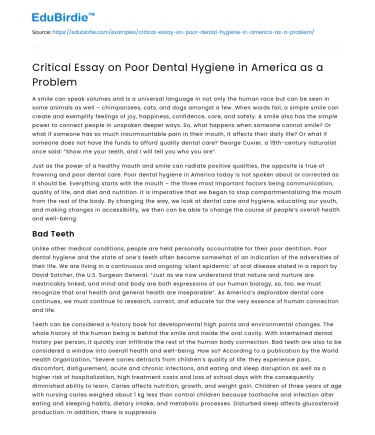 Critical Essay on Poor Dental Hygiene in America as a Problem
