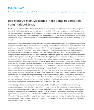 Bob Marley’s Main Messages in His Song ‘Redemption Song’