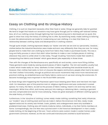 Essay on Clothing and Its Unique History