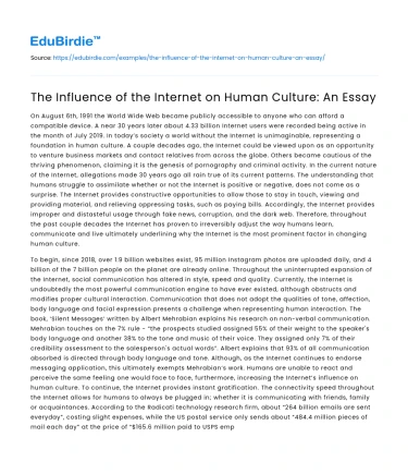 The Influence of the Internet on Human Culture: An Essay