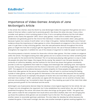 Importance of Video Games: Analysis of Jane McGonigal’s Article