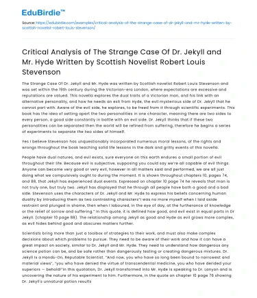 Analysis of Dr Jekyll and Mr Hyde by Robert Louis Stevenson