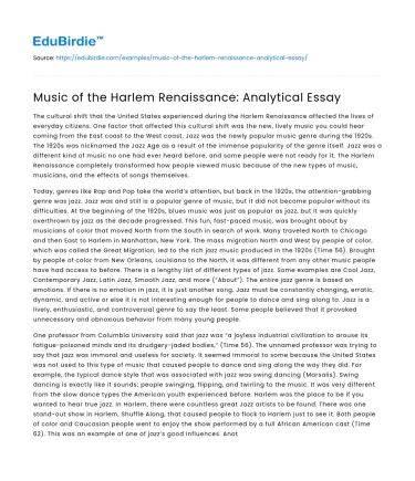 Music of the Harlem Renaissance: Analytical Essay