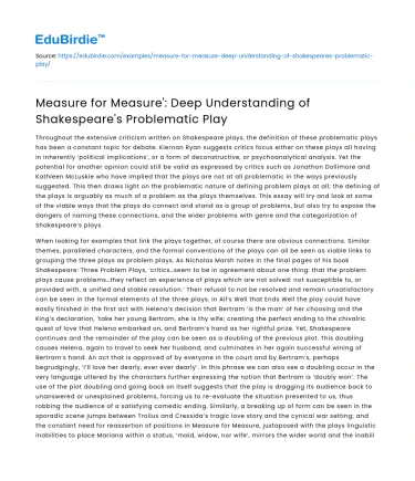 Measure for Measure’: Deep Understanding of Shakespeare’s Problematic Play