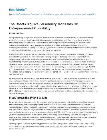 The Effects Big Five Personality Traits Has On Entrepreneurial Probability