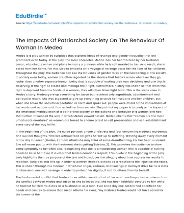 The Impacts Of Patriarchal Society On The Behaviour Of Woman In Medea