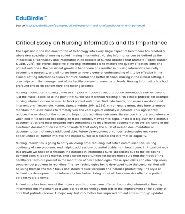 Critical Essay on Nursing Informatics and Its Importance