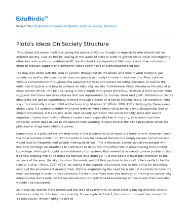 Plato’s Ideas On Society Structure