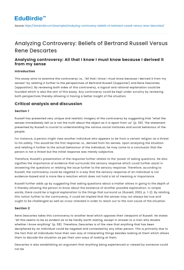 Analyzing Controversy: Beliefs of Bertrand Russell Versus Rene Descartes