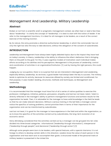 Management And Leadership. Military Leadership