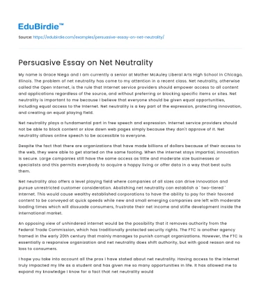 Persuasive Essay on Net Neutrality
