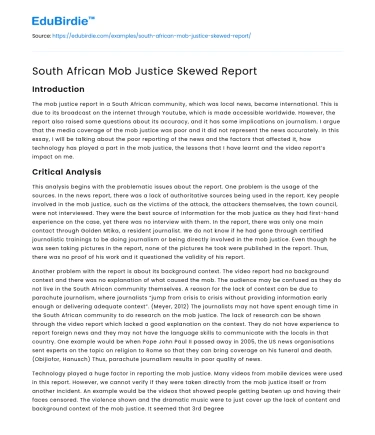 South African Mob Justice Skewed Report