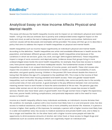 Analytical Essay on How Income Affects Physical and Mental Health