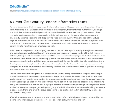 A Great 21st Century Leader: Informative Essay
