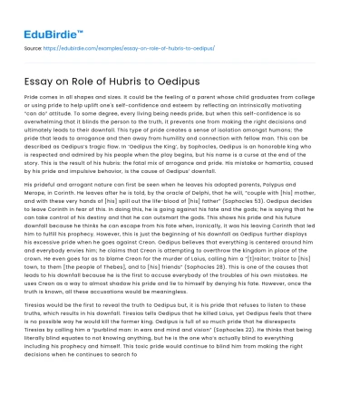 Essay on Role of Hubris to Oedipus
