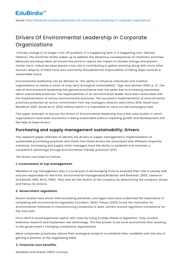 Drivers Of Environmental Leadership In Corporate Organizations