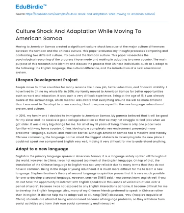 Culture Shock And Adaptation While Moving To American Samoa