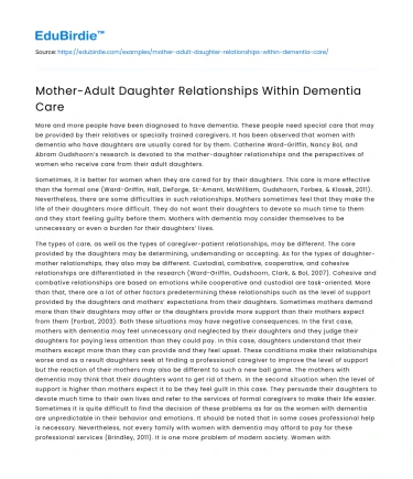 Mother-Adult Daughter Relationships Within Dementia Care